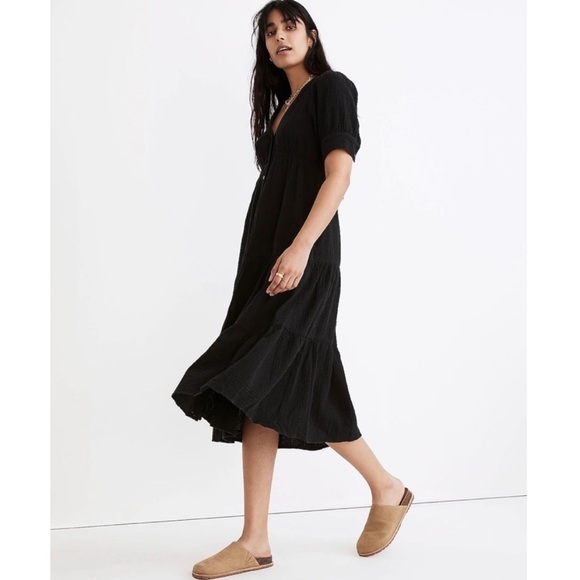 Madewell Dress Lightspun Button-Front Tiered Midi Short Sleeved Black 6 - Picture 2 of 6